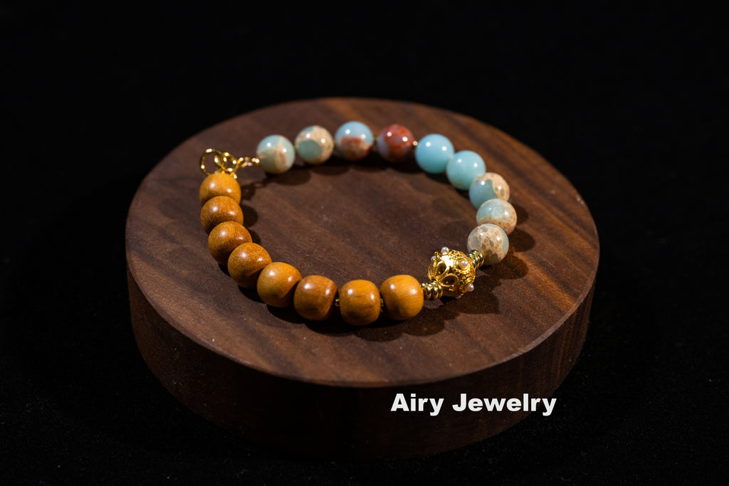 Shoushan stone and wood bead bracelet
